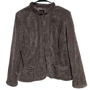 RQT Soft Taupe Suede Zip Jacket Womens Size Medium Ruffle Trim Pockets Coat